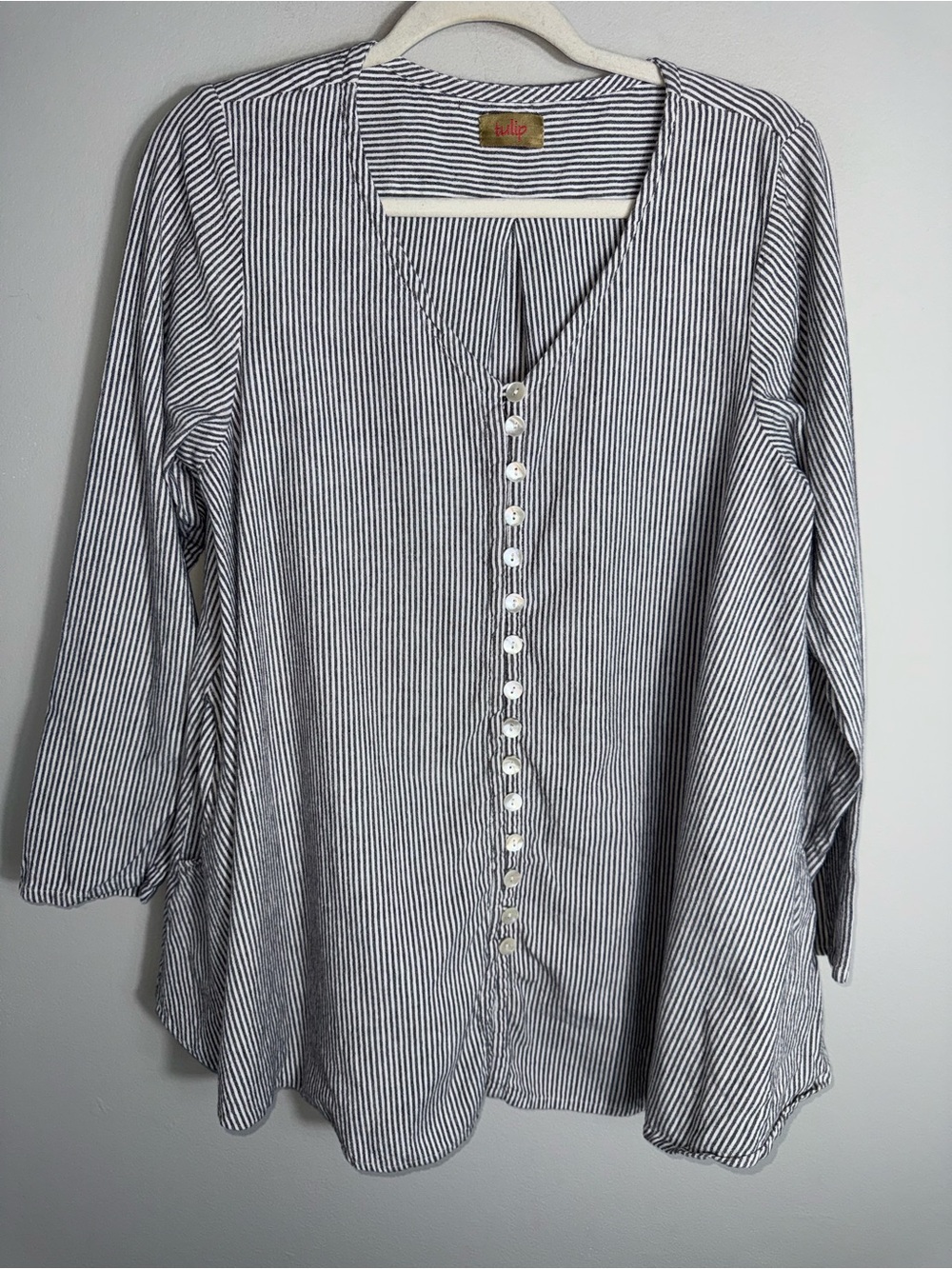 Tulip 100% Cotton Button Front Tunic Blouse-Gray Stripes-Lagenlook-Small
